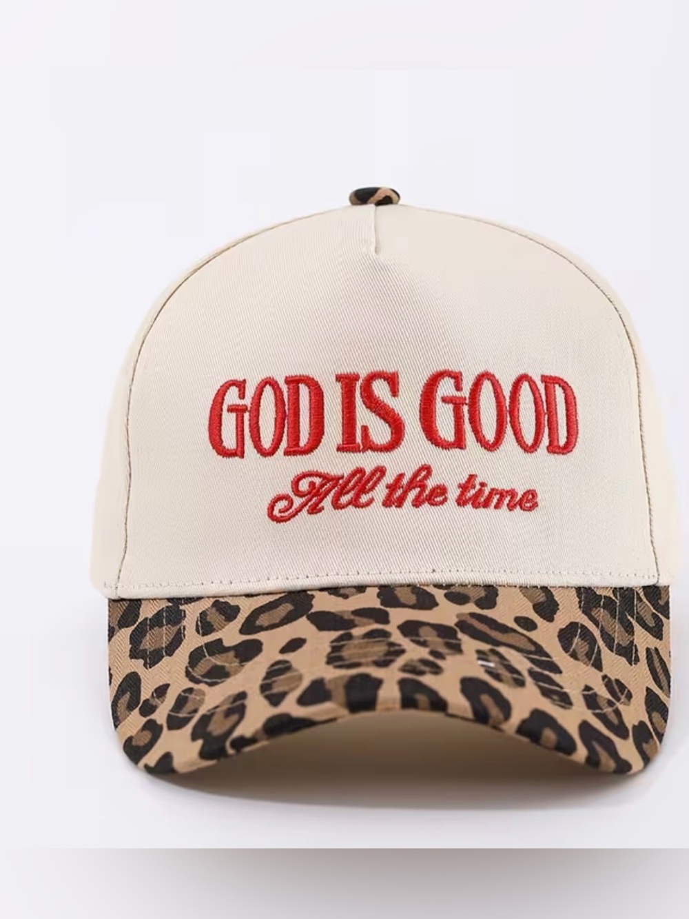 Cream Trucker Hat with Red Embroidered Script and Leopard Brim
